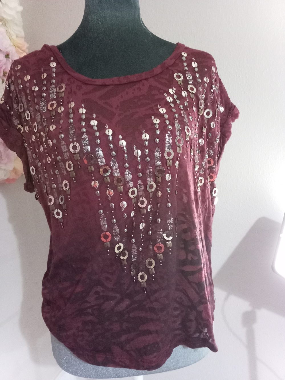 Miss Me Burgundy Sequin-Embellished Short Sleeve Top